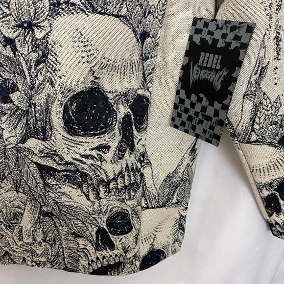 Rebel Vengeance Mens Gothic Skull Tapestry Jacket L Navy Skater Grunge Punk NWT - Picture 3 of 8